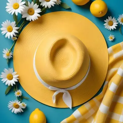 Minimal Soft Studio Light Photography A Yellow Straw Hat With A Bow Surrounded By White Daisies Lemons And A Yellow And White Checkered Cloth On A Teal Blue Background High Detail Solid Bold Color Background 16 6808