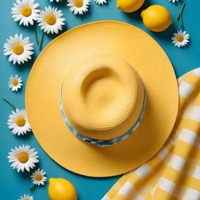 Minimal Soft Studio Light Photography A Yellow Straw Hat With A Bow Surrounded By White Daisies Lemons And A Yellow And White Checkered Cloth On A Teal Blue Background High Detail Solid Bold Color Background 17 Bd47
