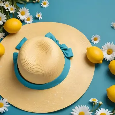 Minimal Soft Studio Light Photography A Yellow Straw Hat With A Bow Surrounded By White Daisies Lemons And A Yellow And White Checkered Cloth On A Teal Blue Background High Detail Solid Bold Color Background 18 E5a9