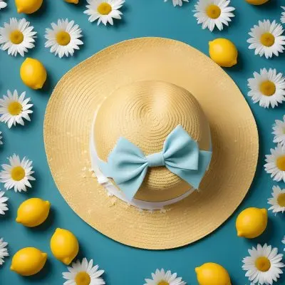 Minimal Soft Studio Light Photography A Yellow Straw Hat With A Bow Surrounded By White Daisies Lemons And A Yellow And White Checkered Cloth On A Teal Blue Background High Detail Solid Bold Color Background 19 974d
