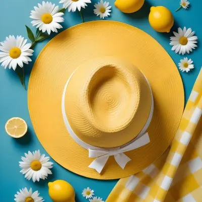 Minimal Soft Studio Light Photography A Yellow Straw Hat With A Bow Surrounded By White Daisies Lemons And A Yellow And White Checkered Cloth On A Teal Blue Background High Detail Solid Bold Color Background 2 E74a