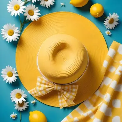 Minimal Soft Studio Light Photography A Yellow Straw Hat With A Bow Surrounded By White Daisies Lemons And A Yellow And White Checkered Cloth On A Teal Blue Background High Detail Solid Bold Color Background 22 A5c6