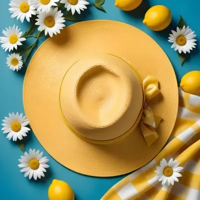 Minimal Soft Studio Light Photography A Yellow Straw Hat With A Bow Surrounded By White Daisies Lemons And A Yellow And White Checkered Cloth On A Teal Blue Background High Detail Solid Bold Color Background 24 43cd