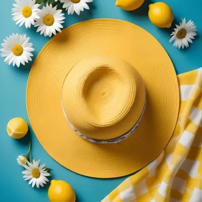 Minimal Soft Studio Light Photography A Yellow Straw Hat With A Bow Surrounded By White Daisies Lemons And A Yellow And White Checkered Cloth On A Teal Blue Background High Detail Solid Bold Color Background 26 C1c9