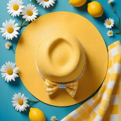 Minimal Soft Studio Light Photography A Yellow Straw Hat With A Bow Surrounded By White Daisies Lemons And A Yellow And White Checkered Cloth On A Teal Blue Background High Detail Solid Bold Color Background 28 40df