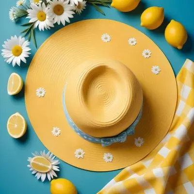 Minimal Soft Studio Light Photography A Yellow Straw Hat With A Bow Surrounded By White Daisies Lemons And A Yellow And White Checkered Cloth On A Teal Blue Background High Detail Solid Bold Color Background 29 7713