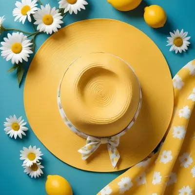 Minimal Soft Studio Light Photography A Yellow Straw Hat With A Bow Surrounded By White Daisies Lemons And A Yellow And White Checkered Cloth On A Teal Blue Background High Detail Solid Bold Color Background 3 1309