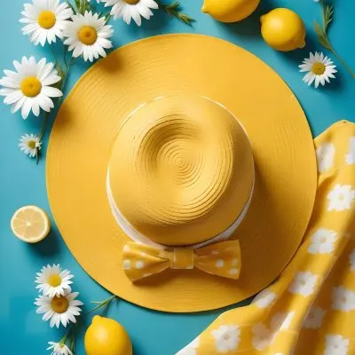 Minimal Soft Studio Light Photography A Yellow Straw Hat With A Bow Surrounded By White Daisies Lemons And A Yellow And White Checkered Cloth On A Teal Blue Background High Detail Solid Bold Color Background 30 Fbe7
