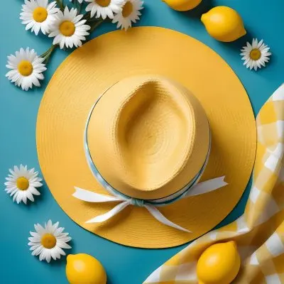 Minimal Soft Studio Light Photography A Yellow Straw Hat With A Bow Surrounded By White Daisies Lemons And A Yellow And White Checkered Cloth On A Teal Blue Background High Detail Solid Bold Color Background 4 F513