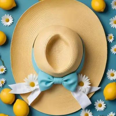 Minimal Soft Studio Light Photography A Yellow Straw Hat With A Bow Surrounded By White Daisies Lemons And A Yellow And White Checkered Cloth On A Teal Blue Background High Detail Solid Bold Color Background 6 B404