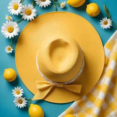 Minimal Soft Studio Light Photography A Yellow Straw Hat With A Bow Surrounded By White Daisies Lemons And A Yellow And White Checkered Cloth On A Teal Blue Background High Detail Solid Bold Color Background 7 226c
