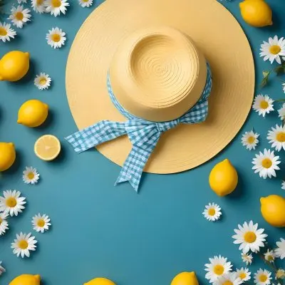 Minimal Soft Studio Light Photography A Yellow Straw Hat With A Bow Surrounded By White Daisies Lemons And A Yellow And White Checkered Cloth On A Teal Blue Background High Detail Solid Bold Color Background 8 C40d