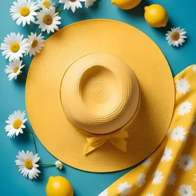 Minimal Soft Studio Light Photography A Yellow Straw Hat With A Bow Surrounded By White Daisies Lemons And A Yellow And White Checkered Cloth On A Teal Blue Background High Detail Solid Bold Color Background 9 E1b2