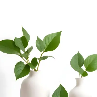 Minimal Soft Studio Light Photography Green Leaves In White Vases On A White Background High Detail Solid Bold Color Background 17 0661