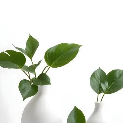 Minimal Soft Studio Light Photography Green Leaves In White Vases On A White Background High Detail Solid Bold Color Background 8 C39e