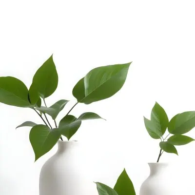 Minimal Soft Studio Light Photography Green Leaves In White Vases On A White Background High Detail Solid Bold Color Background 9 Ef2b