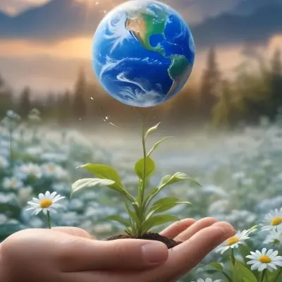 Oil Painting A Human Hand Holding A Small Plant Growing Out Of The Ground With The Earth Globe Floating Above It Against A Blurred Background Of Green Plants And White Flowers Creative Extremely Detailed Brush 5 4eea