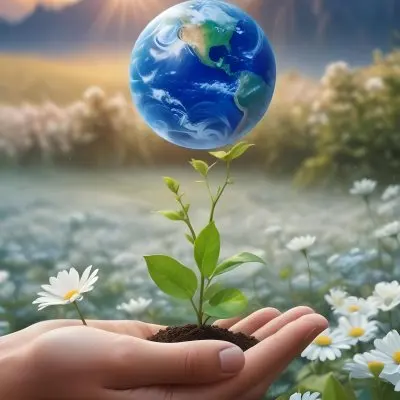 Oil Painting A Human Hand Holding A Small Plant Growing Out Of The Ground With The Earth Globe Floating Above It Against A Blurred Background Of Green Plants And White Flowers Creative Extremely Detailed Brush 6 928e