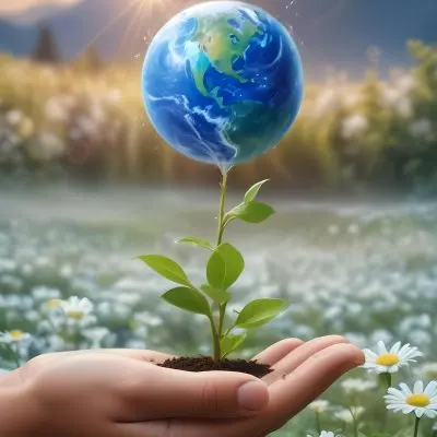 Oil Painting A Human Hand Holding A Small Plant Growing Out Of The Ground With The Earth Globe Floating Above It Against A Blurred Background Of Green Plants And White Flowers Creative Extremely Detailed Brush 7 E453