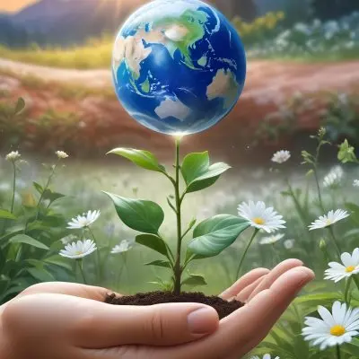 Oil Painting A Human Hand Holding A Small Plant Growing Out Of The Ground With The Earth Globe Floating Above It Against A Blurred Background Of Green Plants And White Flowers Creative Extremely Detailed Brush 8 2417
