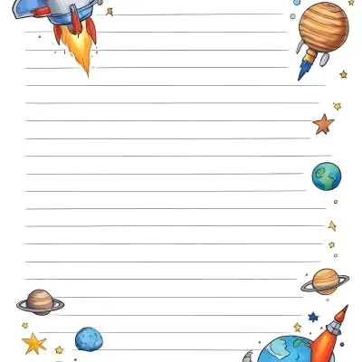 Oil Painting A Sheet Of Lined Paper With Space Themed Cartoon Drawings Of A Rocket A Spaceship A Planet An Asteroid And Stars Creative Extremely Detailed Brush Stroke 17 C031