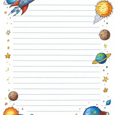 Oil Painting A Sheet Of Lined Paper With Space Themed Cartoon Drawings Of A Rocket A Spaceship A Planet An Asteroid And Stars Creative Extremely Detailed Brush Stroke 23 E4d5