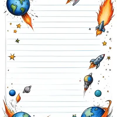 Oil Painting A Sheet Of Lined Paper With Space Themed Cartoon Drawings Of A Rocket A Spaceship A Planet An Asteroid And Stars Creative Extremely Detailed Brush Stroke 3 D562