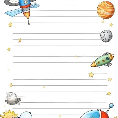 Oil Painting A Sheet Of Lined Paper With Space Themed Cartoon Drawings Of A Rocket A Spaceship A Planet An Asteroid And Stars Creative Extremely Detailed Brush Stroke 38 B483