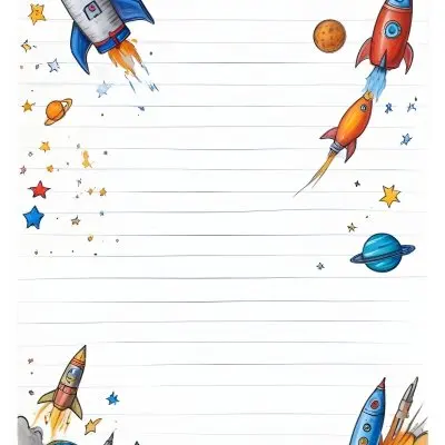 Oil Painting A Sheet Of Lined Paper With Space Themed Cartoon Drawings Of A Rocket A Spaceship A Planet An Asteroid And Stars Creative Extremely Detailed Brush Stroke 9 E61b