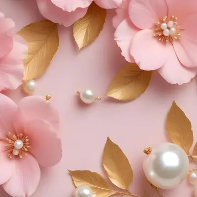 Pink Flowers Gold Leaves And Pearls On A Soft Background 19 376b