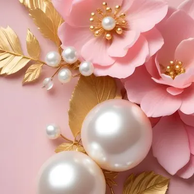 Pink Flowers Gold Leaves And Pearls On A Soft Background 20 D0d2