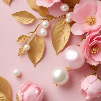Pink Flowers Gold Leaves And Pearls On A Soft Background 21 0af6