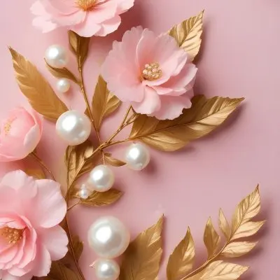 Pink Flowers Gold Leaves And Pearls On A Soft Background 23 5857