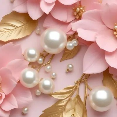 Pink Flowers Gold Leaves And Pearls On A Soft Background 25 3250