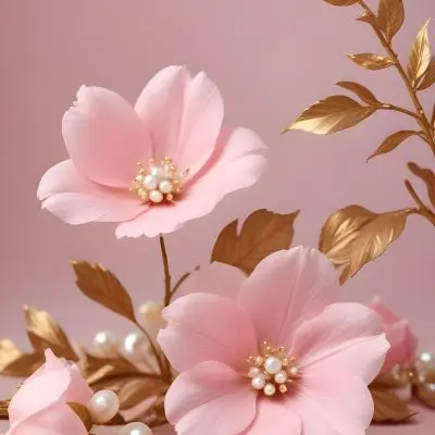 Pink Flowers Gold Leaves And Pearls On A Soft Background 35 12cb