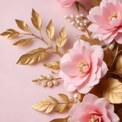 Pink Flowers Gold Leaves And Pearls On A Soft Background 36 195d