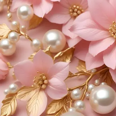 Pink Flowers Gold Leaves And Pearls On A Soft Background 45 555d