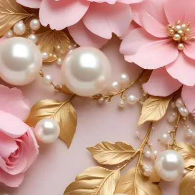 Pink Flowers Gold Leaves And Pearls On A Soft Background 56 Cad4