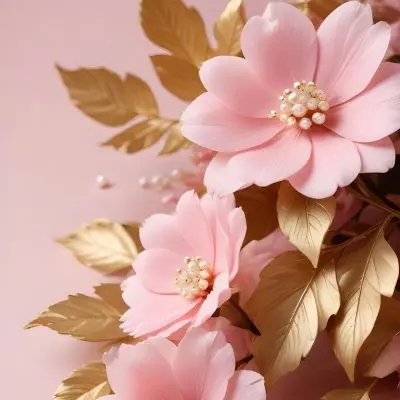 Pink Flowers Gold Leaves And Pearls On A Soft Background 60 44b2