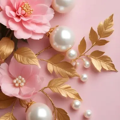 Pink Flowers Gold Leaves And Pearls On A Soft Background 62 1cfa