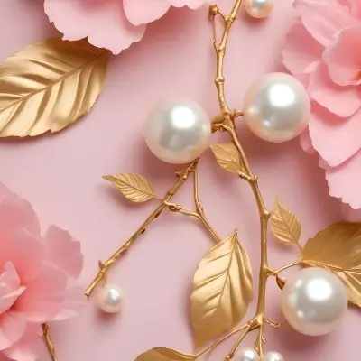 Pink Flowers Gold Leaves And Pearls On A Soft Background 7 0a68