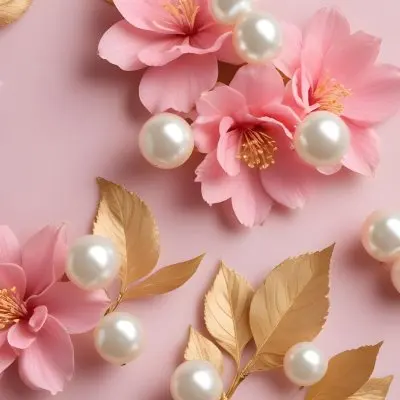 Pink Flowers Gold Leaves And Pearls On A Soft Background 8 9b22