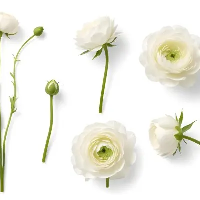 Several White Ranunculus Flowers With Green Stems Some In Full Bloom And Others As Buds Scattered On A Clean White Background Creating A Minimalist And Elegant Floral Arrangement 12 8fbe
