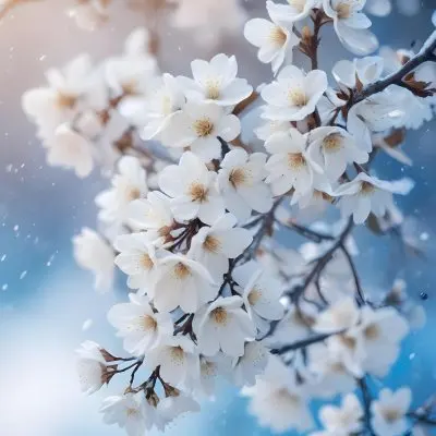 Snowy Tree Branches With White Blossoms Against A Blurred Blue Background With Falling Snowflakes 1 6781