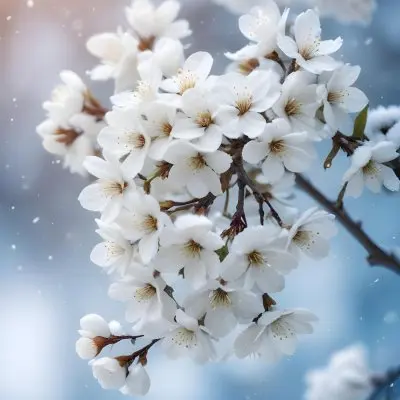 Snowy Tree Branches With White Blossoms Against A Blurred Blue Background With Falling Snowflakes 2 203e