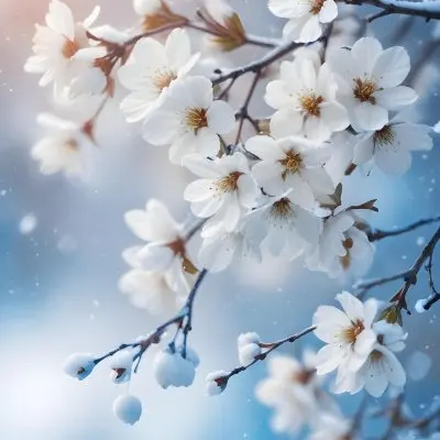 Snowy Tree Branches With White Blossoms Against A Blurred Blue Background With Falling Snowflakes 3 3e18