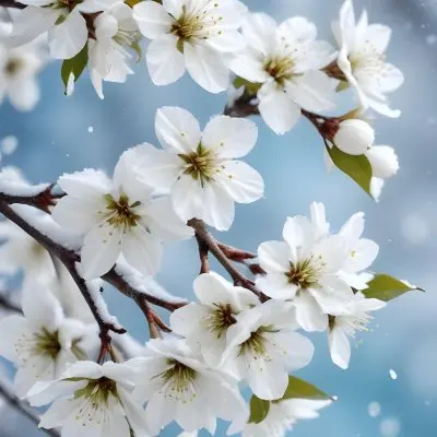 Snowy Tree Branches With White Blossoms Against A Blurred Blue Background With Falling Snowflakes 4 Dd93