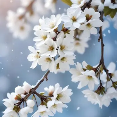 Snowy Tree Branches With White Blossoms Against A Blurred Blue Background With Falling Snowflakes 5 Cd2e