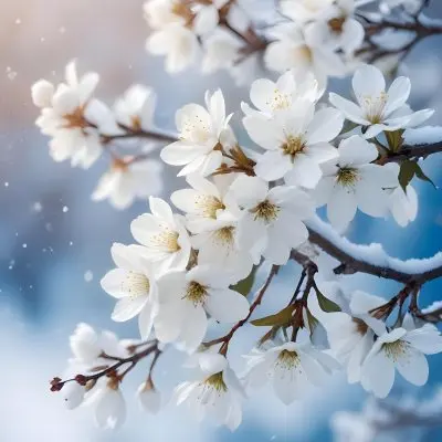 Snowy Tree Branches With White Blossoms Against A Blurred Blue Background With Falling Snowflakes 6 Ab06