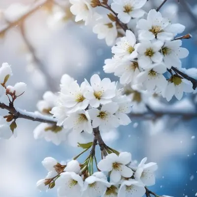 Snowy Tree Branches With White Blossoms Against A Blurred Blue Background With Falling Snowflakes 7 5d5f